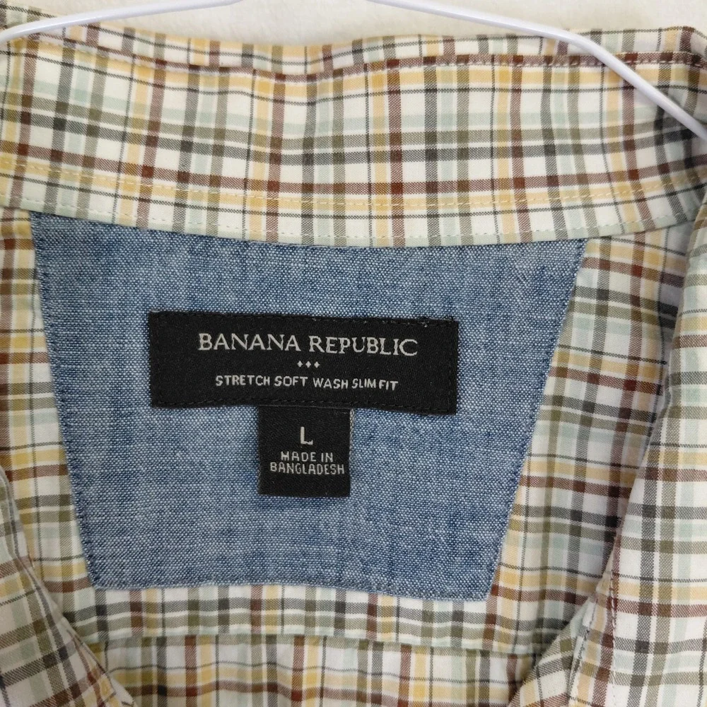 Banana Republic Mens Large Slim Fit Plaid Short Sleeve Button Down Shirt Tan L